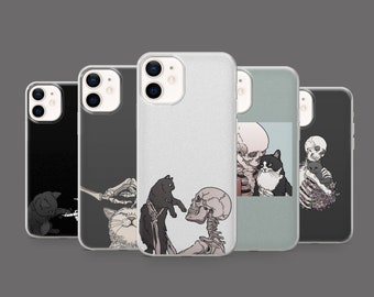Spooky Black Cat Phone Case Skeleton Cat Lover Cover for iPhone 17 Pro Max 17e 15 14 12 & Samsung S25 Ultra S24 FE A56 Pixel 10 XL 9a 8