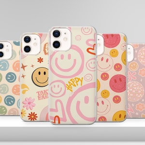coque de portable smiley vintage | Coque Preppy Summer Vibes pour iPhone 16 15 14 13 12 Pro et Samsung S24FE S24 S23 S22, Pixel 8A 7 Pro