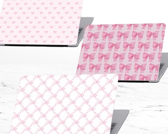 Jolie pochette rose avec noeud pour Mac Book, housse pour ordinateur portable rose, pare-chocs rigide rose avec noeud girly, ruban imprimé pour MacBook M2 M1 Pro, Air 13 14 16 pouces