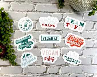 Vegan Vegetarian Sticker Pack - Set of 9 Waterproof Stickers, Vgang, Tofu, Hummus, Veggies, PETA, Herbivore, Aesthetic Planner Stickers