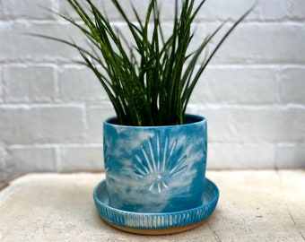 Ceramic Planter, plant pot with integrated saucer in blue with carved details