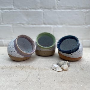 Salt Pig, Salt Container, Salt Pot, Salt Jar in speckled ceramic in white glaze and green, pale pink or blue detail.