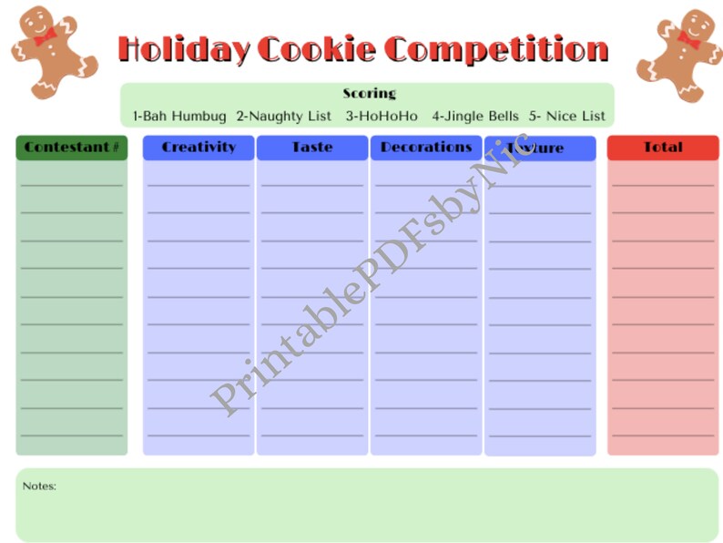 Holiday Cookie Competition Scorecard/ Scoresheet L Editable Digital Download L up to 10 ...