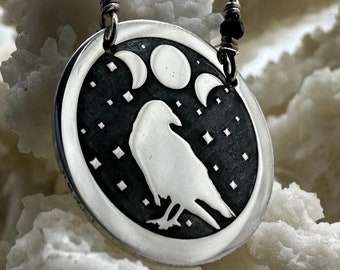 Sterling Silver Raven Necklace: Triple Moon, Witchy Goth Jewelry