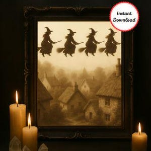 Antique Witches Flying Art Print: Gothic Halloween Decor (Digital Download