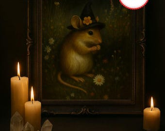 Grillige heksenhoed muis kunstafdruk: gotisch cottagecore-decor (JPG-download)