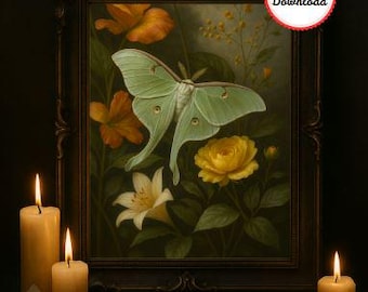 Impression d'art botanique Luna Moth : décoration gothique cottagecore (téléchargement numérique)