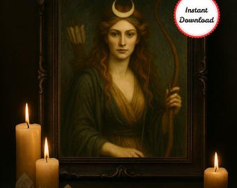 Diana Artemis Goddess of the Moon & Hunt – Crescent Moon Diadem Pagan Witchcraft Wall Art