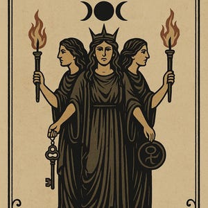 May include: A vintage-style illustration featuring three robed figures holding torches and a key, with the text "HEX OF THE HIDDEN TONGUE." The artwork has a tan background and a decorative border, with the artist's name at the bottom.