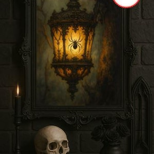 Op de afbeelding: Een duistere, gotische compositie met een ingelijste afbeelding van een lantaarn met een spin, een schedel, een kaars en zwarte rozen in een vaas. Het schilderij heeft een warm, gloeiend licht. De scène staat tegen een donkere bakstenen muur.