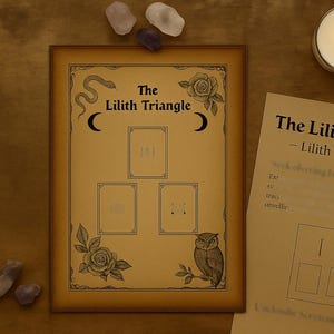 May include: A framed illustration titled "The Lilith Triangle" with a tarot spread layout. The artwork features an owl, roses, and crescent moons. Tarot cards and crystals are arranged around the frame, with a lit candle in the background.