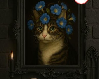 Könnte beinhalten: Gerahmtes Porträt einer getigerten Katze mit einem Kranz aus blauen Blumen. Das Bild ist vor einem dunklen Hintergrund mit einem Totenkopf, einer Kerze und einer Vase mit schwarzen Rosen platziert. Der Rahmen ist verziert und schwarz.