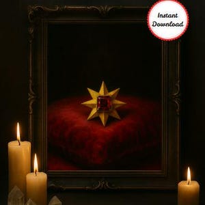 May include: A gold star-shaped object with a red center stone rests on a red velvet cushion inside a dark framed picture. Lit candles and crystals are arranged around the frame. The image has an "Instant Download" sticker.