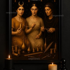 May include: A dark framed artwork shows three women sewing with golden thread, each wearing a celestial headpiece. The scene is lit by candles, with additional candles, crystals, and a decorative box on the table. The artwork is signed "ourgemsrock".