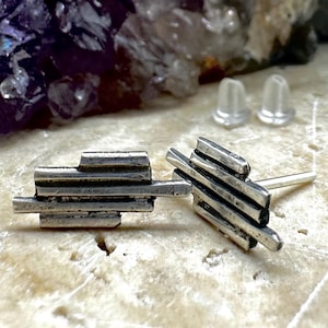 Unisex darkened Silver Studs - Contemporary unisex earrings bar stud earrings