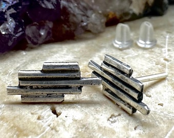 Hand-Forged Oxidized Sterling Silver Studs: Brutalist Unisex Earrings