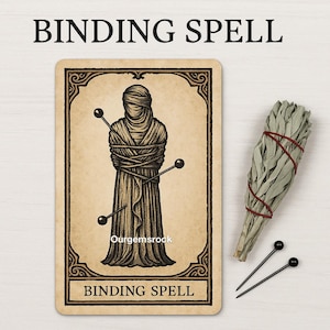 May include: A card with the text "BINDING SPELL" displays a robed figure bound with twine and pins. A bundle of sage and two black-headed pins are also visible. The card has a vintage aesthetic.