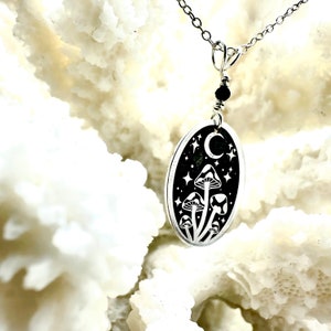 Mushroom Moon and Stars Necklace – Sterling Silver Whimsical Witchcore Forest Pendant Necklace