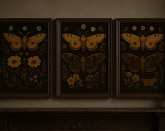 Set di stampe artistiche di falene botaniche: decorazioni gotiche Dark Academia (download digitale)