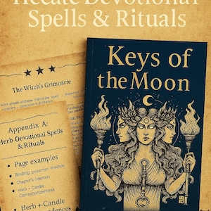 Puede incluir: Un libro titulado "Keys of the Moon" con una cubierta azul oscuro y letras doradas. La portada presenta una ilustración de una mujer de tres caras sosteniendo antorchas. Al lado, una página con texto sobre hechizos y rituales.