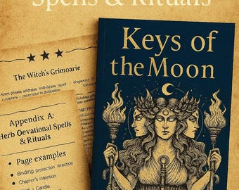May include: A book titled "Keys of the Moon" with a dark blue cover and gold lettering. The cover features an illustration of a three-faced woman holding torches. Beside it is a page with text about spells and rituals.