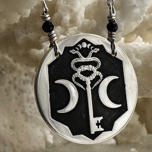 Hekate Snake Key Necklace – Double Crescent Moon Sterling Silver Pendant for Witchcraft & Ritual