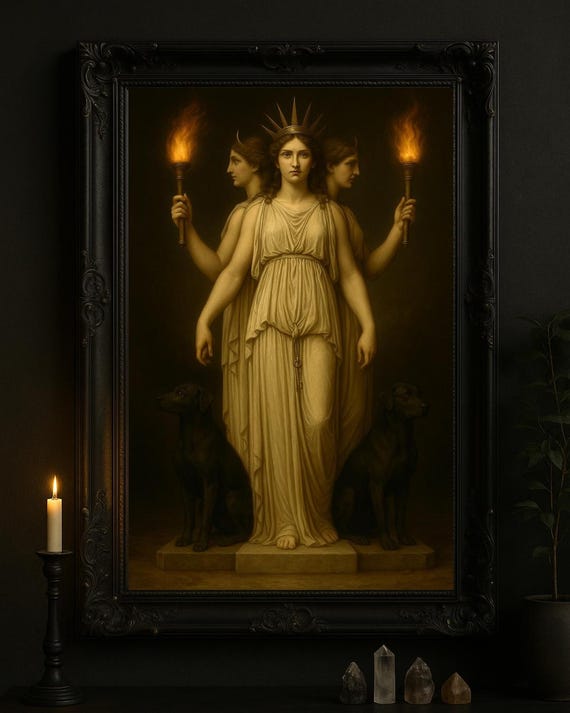 Hecate Triformis Hekate Triple Goddess Torches Art Print: Dark