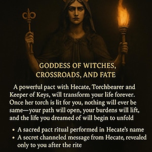May include: An illustration with text about a pact with Hecate, the Goddess of Witches, Crossroads, and Fate. The image features a woman with horns, holding a key and a torch. The text describes a transformative ritual.