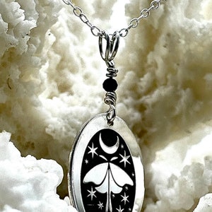 Luna Moth Necklace with Moonstone – Sterling Silver Witchy Insect Pendant, Pagan Nature Jewelry