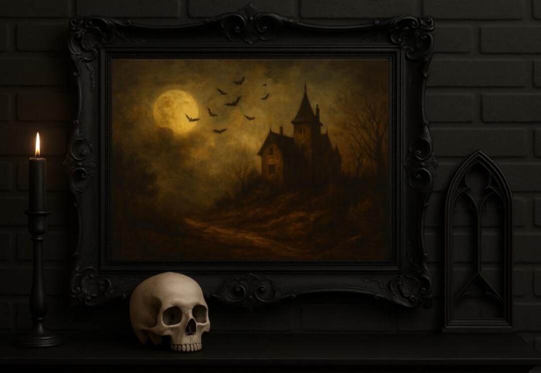 Haunted House Landscape Painting Halloween Wall Art Occultic Art