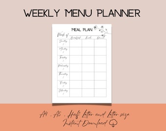 Weekly Meal Planner Printable - Menu Planner - Bullet Journal Insert - Meal Plan Printable
