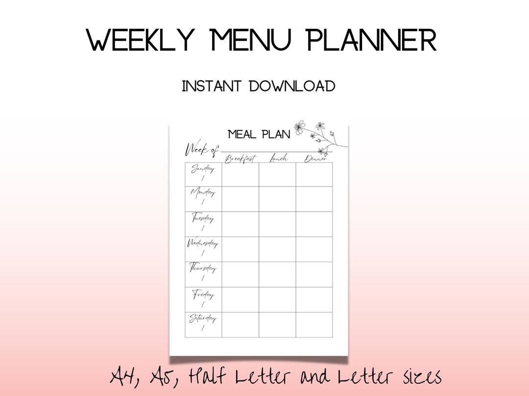Weekly Meal Planner Printable Menu Planner Bullet Journal Insert Meal ...