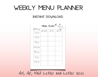 Planificateur de repas hebdomadaire imprimable - Planificateur de menus - Bullet Journal Insert - Plan de repas imprimable