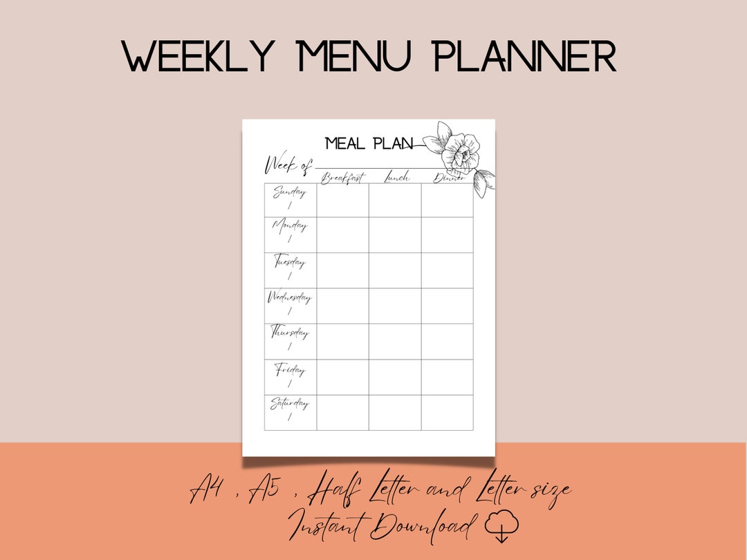 Weekly Meal Planner Printable Menu Planner Bullet Journal Insert Meal ...