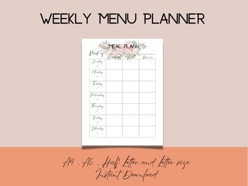 Weekly Meal Planner Printable Menu Planner Bullet Journal Insert Meal ...