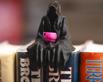 Grim Reaper Figurine: Whimsical Shelf Decor with Coffee Cup