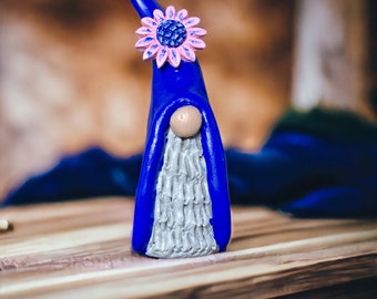 Handmade Clay Gnome Figurine: Blue With Pink Flower, 3.5" Tall