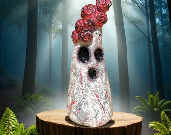 Handmade Clay Ghost Figurine with Red Roses - Gothic Halloween Decor