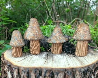 Handmade Clay Mushroom Figurines: Gold & Aqua Shroomie Set