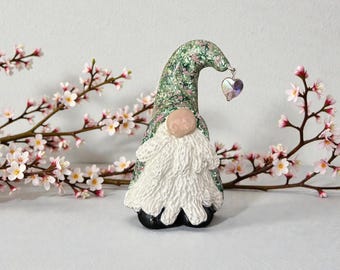 Handmade Forest Gnome Figurine With Pink Crystal Heart:  Clay Mythical Creature Decor