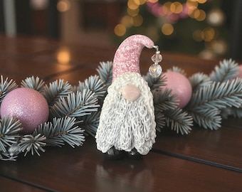 Pink Clay With Glass Bead Christmas Gnome: Handmade Holiday Home and Desk Decor