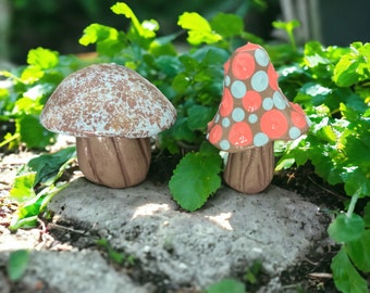 Handmade Clay Mushroom Figurines: Aqua & Coral Plant Decor (Set of 2)