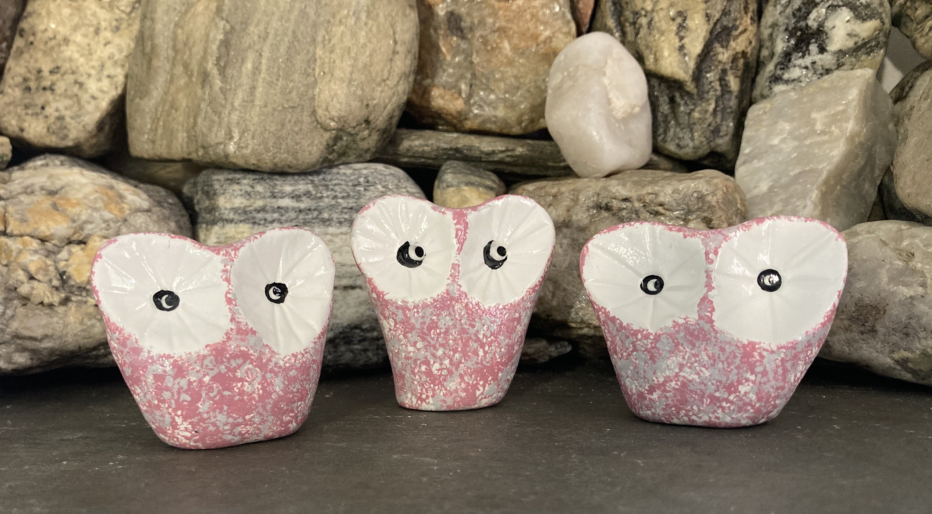 Pink Owl Family Figurine: Set of 3 Clay Lucky Charms