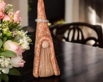 Handmade Gnome Ring Holder: Ceramic Clay Ring Cone - Orange Decor