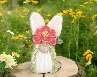 Handmade Easter Bunny Gnome – Air-Dry Clay Spring Decoration with Flower Accent