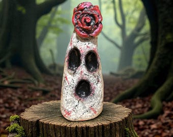 Mini Gothic Ghost Statue: Handmade Clay Halloween Decor With Red Rose