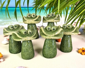 Handmade Silly Frog Statue: Clay Sculpted Shelf Sitter