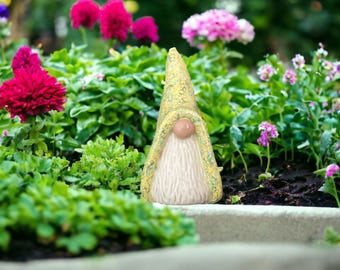 Handmade Clay Gnome Figurine: Yellow Green Miniature Tomte Statue