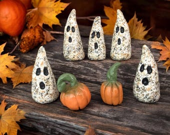 Clay Ghost Family and Pumpkins: Spooky Halloween Ghostie Decor Set