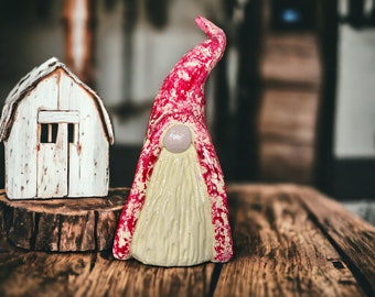 Handmade Clay Gnome Figurine: Country Red and Beige Gnomie Statue, Farmhouse Decor